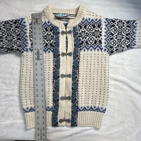 Vintage Norsewear Womens Cardigan Sweater 34 Wool Blue/Ivory Metal Nordic Clasp - Picture 6 of 9